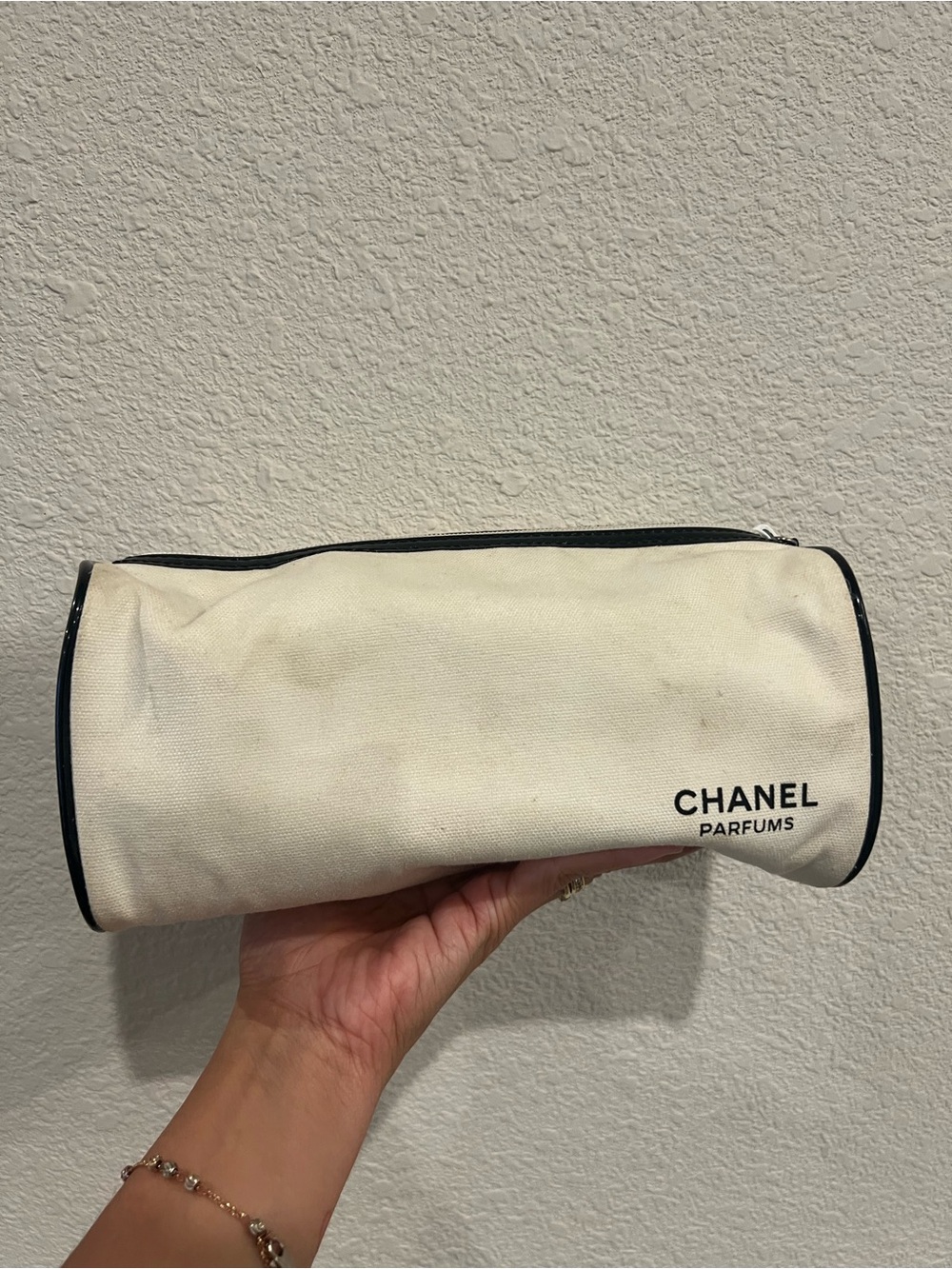CHANEL White Canvas Toiletry Pouch with Black Trim